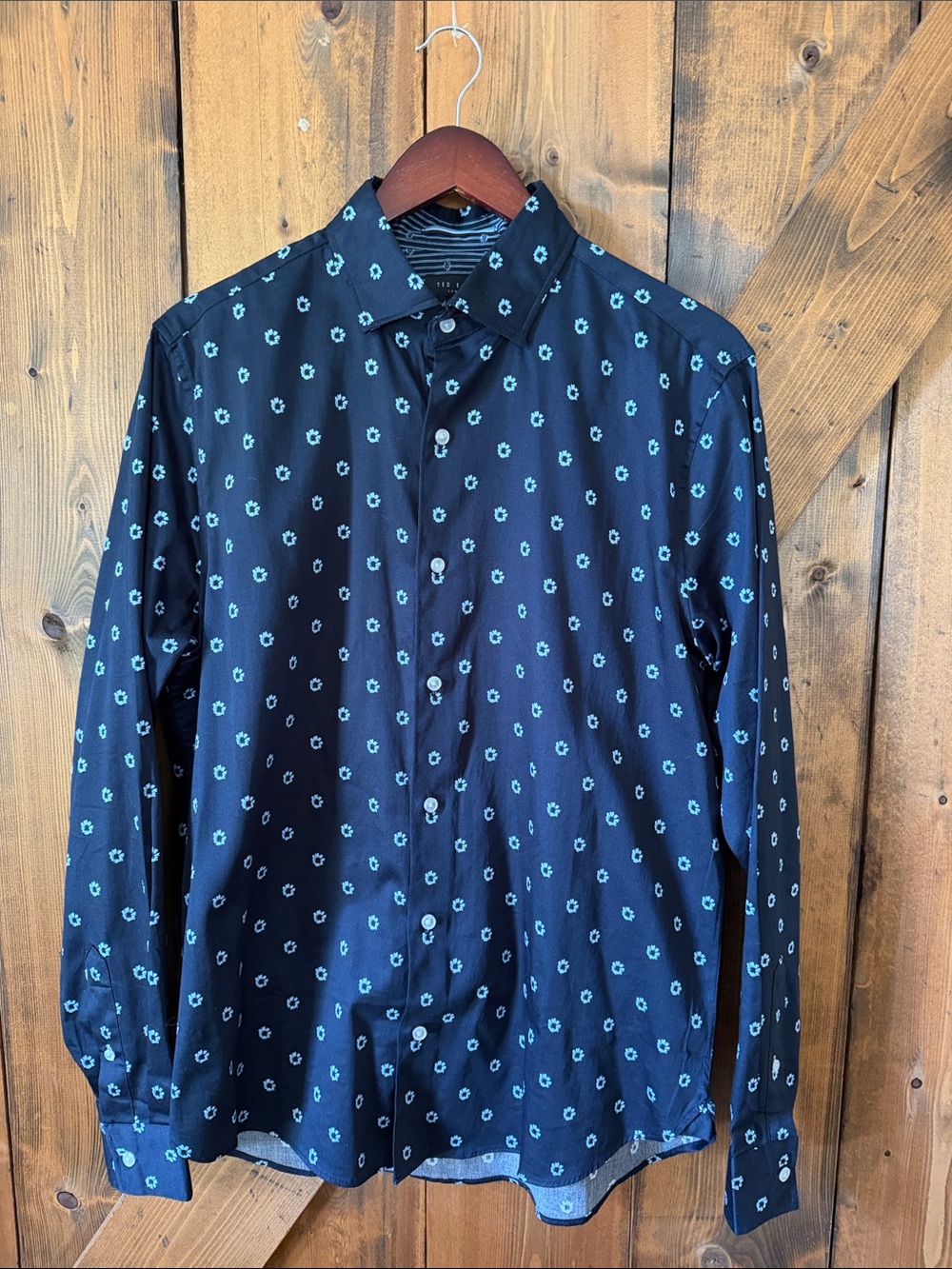Ted Baker London Men’s Navy Button-Up Shirt with Teal Floral Print